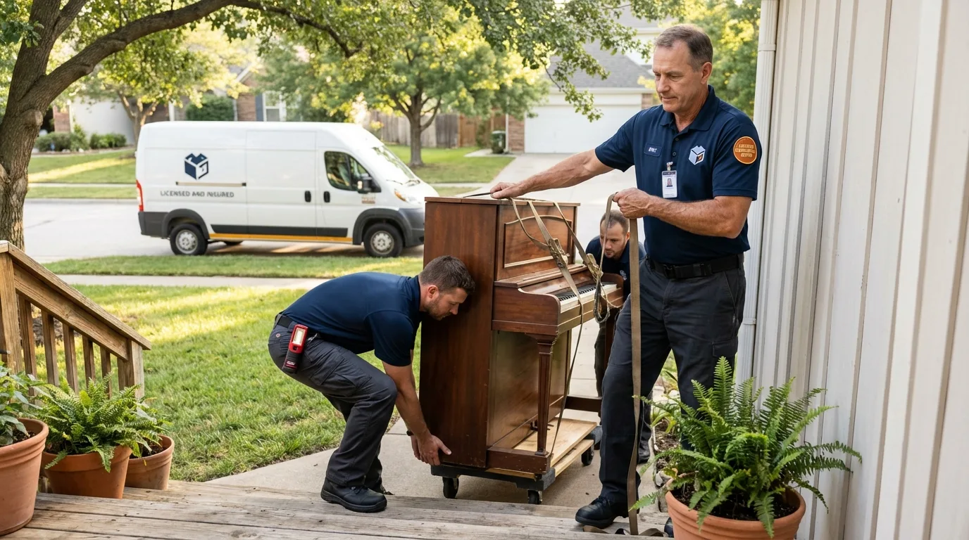 Licensed piano movers securing grand piano in Waianae, HI