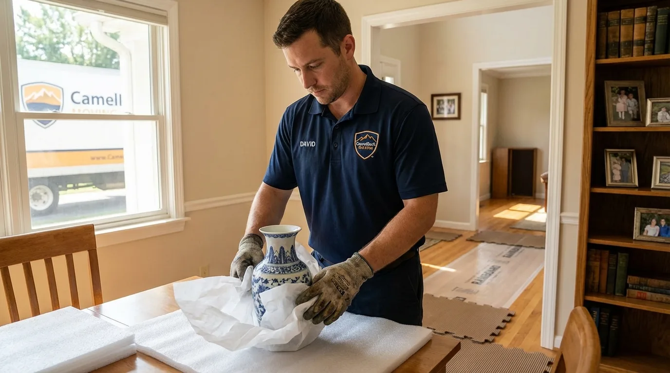 Professional crew carefully wrapping antique vase for senior downsizing move in Waianae, HI